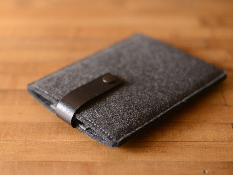 Kindle Paperwhite, Kindle Fire, Sleeve -  Charcoal Gray Felt & Black Leather Strap by byrd & belle