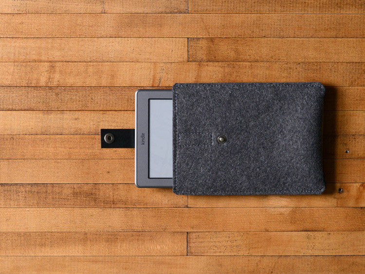 Kindle Paperwhite, Kindle Fire, Sleeve -  Charcoal Gray Felt & Black Leather Strap by byrd & belle