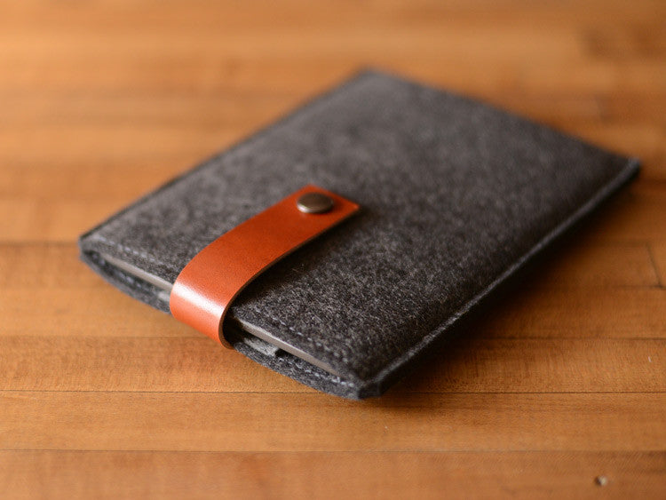 Kindle Sleeve - Charcoal Felt & Brown Leather Strap