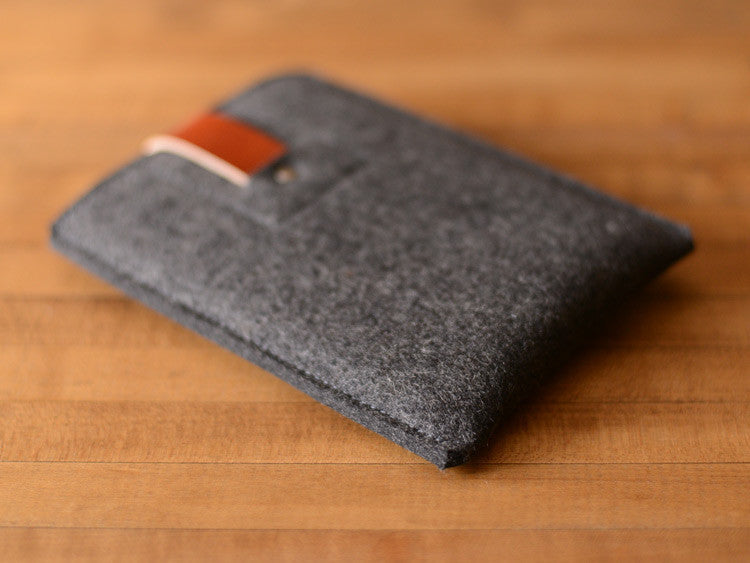 Kindle Sleeve - Charcoal Felt & Brown Leather Strap