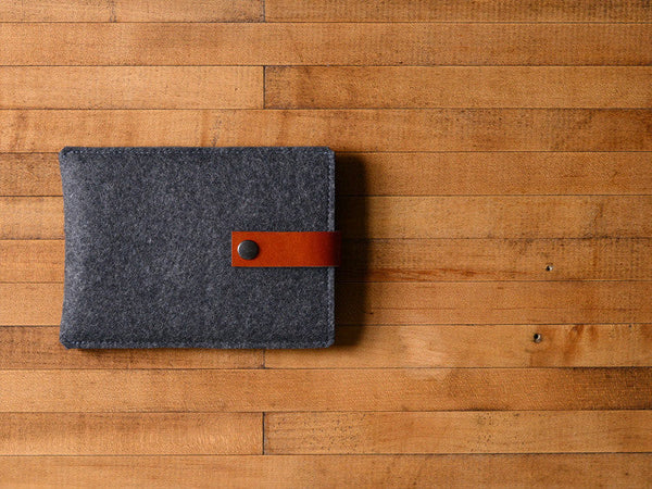 Kindle Sleeve - Charcoal Felt & Brown Leather Strap