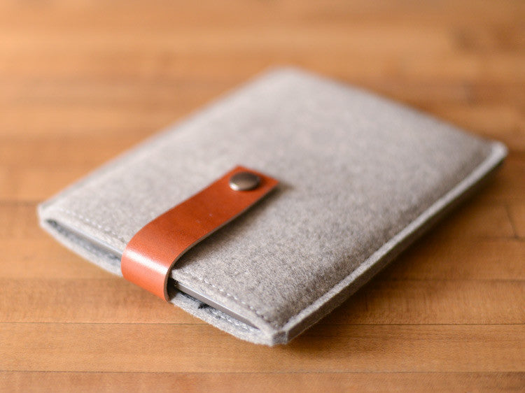 Kindle Paperwhite, Kindle Fire, Sleeve -  Gray Felt & Brown Leather Strap by byrd & belle