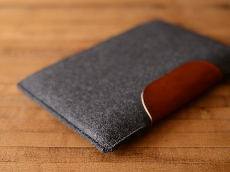 MacBook Air Sleeve - Charcoal Grey Wool Felt & Brown Leather Patch