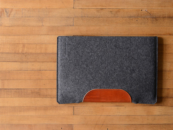 MacBook Air Sleeve - Charcoal Wool Felt & Brown Leather Patch by byrd & belle