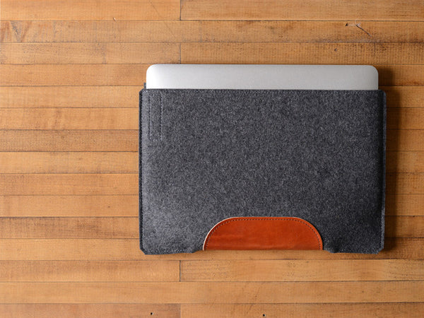 MacBook Air Sleeve - Charcoal Wool Felt & Brown Leather Patch