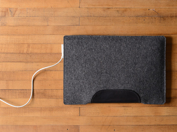 MacBook Air Sleeve - Charcoal Grey Felt & Black Leather Patch by byrd & belle