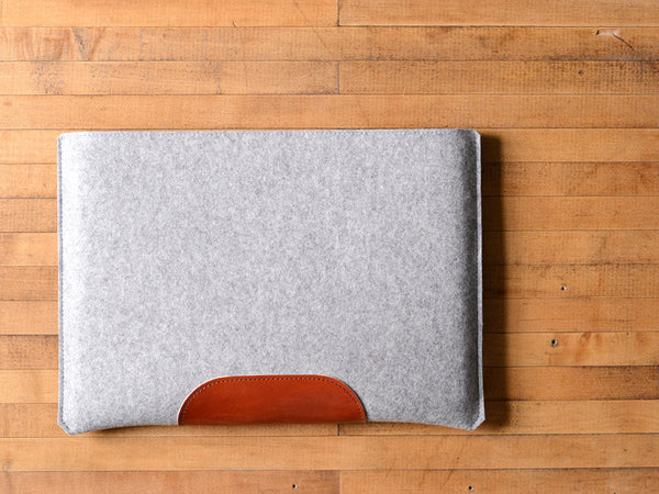 
MacBook Pro Sleeve - Grey Felt & Brown Leather Patch by byrd & belle