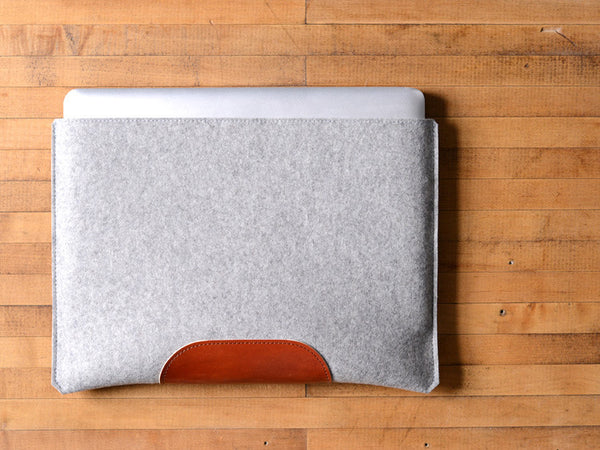 
MacBook Pro Sleeve - Grey Felt & Brown Leather Patch by byrd & belle