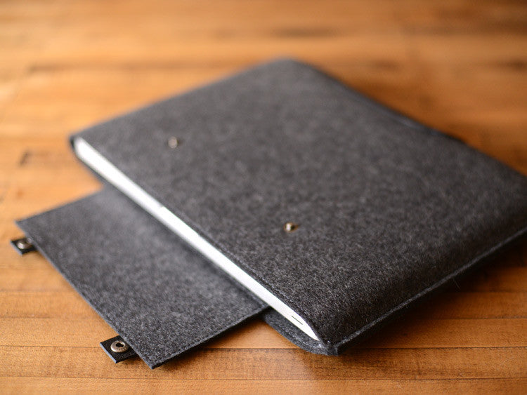 MacBook Pro Sleeve - Charcoal Gray Felt & Black Leather Patch, Straps by byrd & belle
