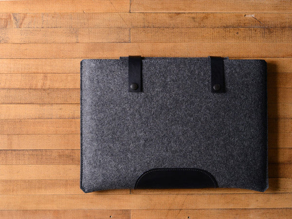 MacBook Pro Sleeve - Charcoal Felt & Black Leather Patch, Straps by byrd & belle
