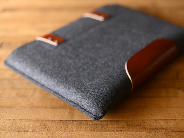 MacBook Pro Sleeve - Charcoal Wool Felt & Brown Leather Patch, Straps