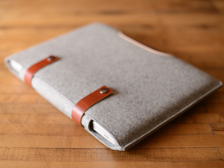 MacBook Pro Sleeve - Grey Felt & Brown Leather Patch, Straps by byrd & belle