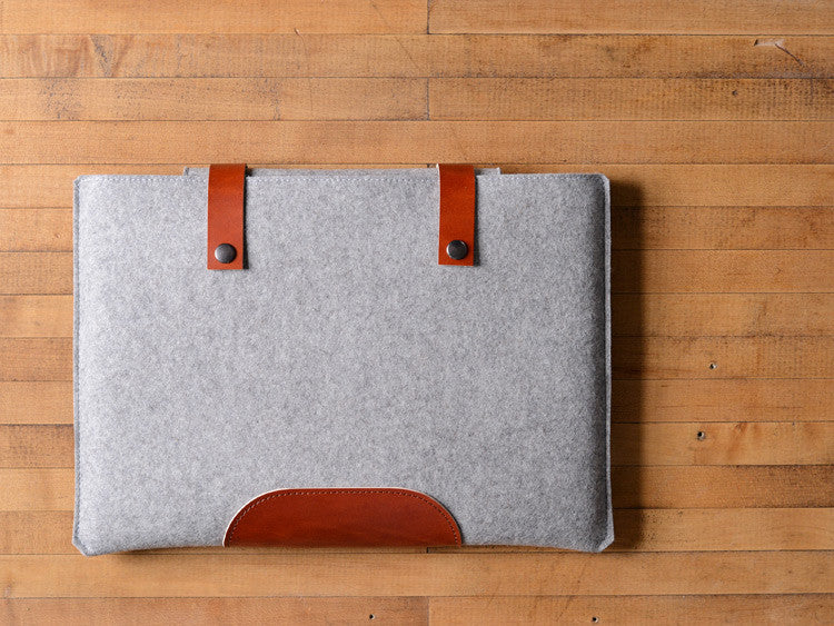 MacBook Pro Sleeve - Grey Felt & Brown Leather Patch, Straps by byrd & belle