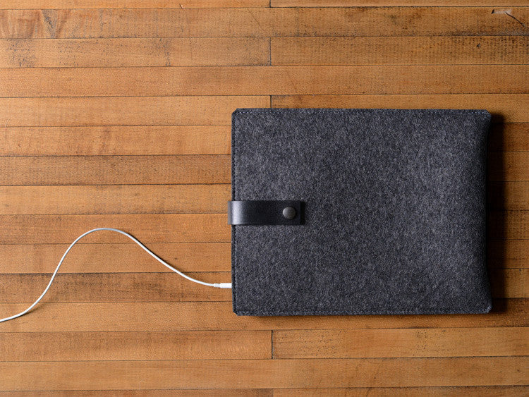 iPad Sleeve - Charcoal Felt & Black Leather Strap by byrd & belle