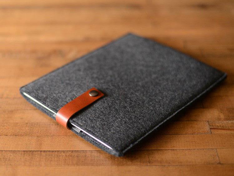 iPad Sleeve Charcoal Gray Felt & Brown Leather Strap by byrd & belle