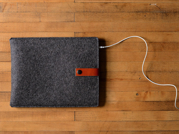 iPad Sleeve Charcoal Gray Felt & Brown Leather Strap by byrd & belle
