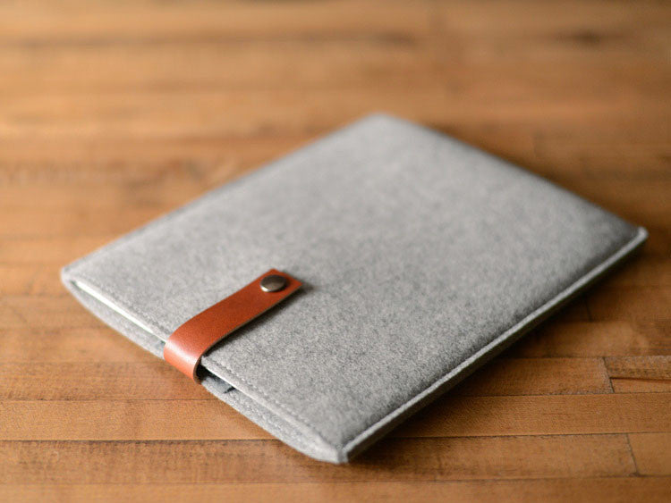 iPad Sleeve - Grey Felt & Brown Leather Strap by byrd & belle