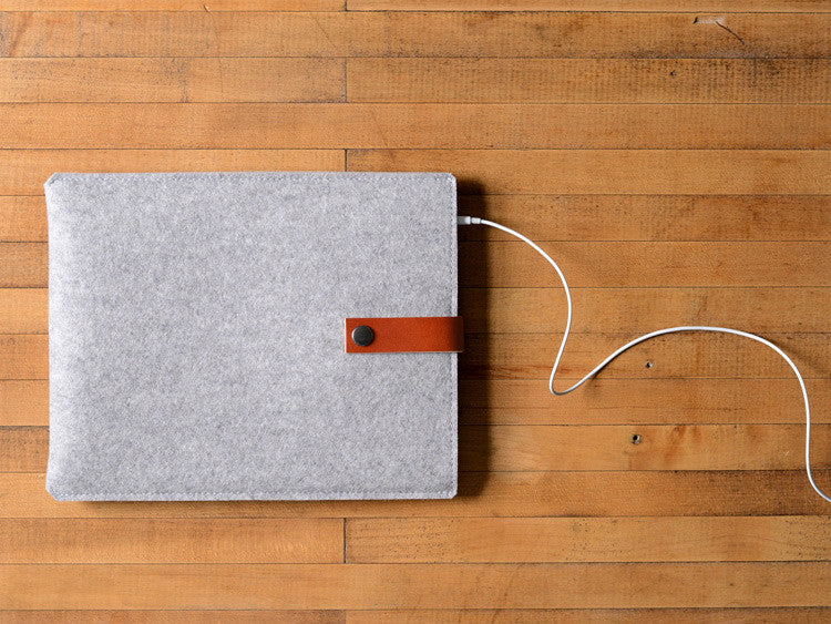 iPad Sleeve - Grey Felt & Brown Leather Strap by byrd & belle